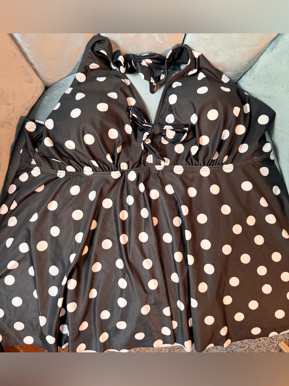Black Polka Dot Halter Babydoll Tankini Top with White Dots